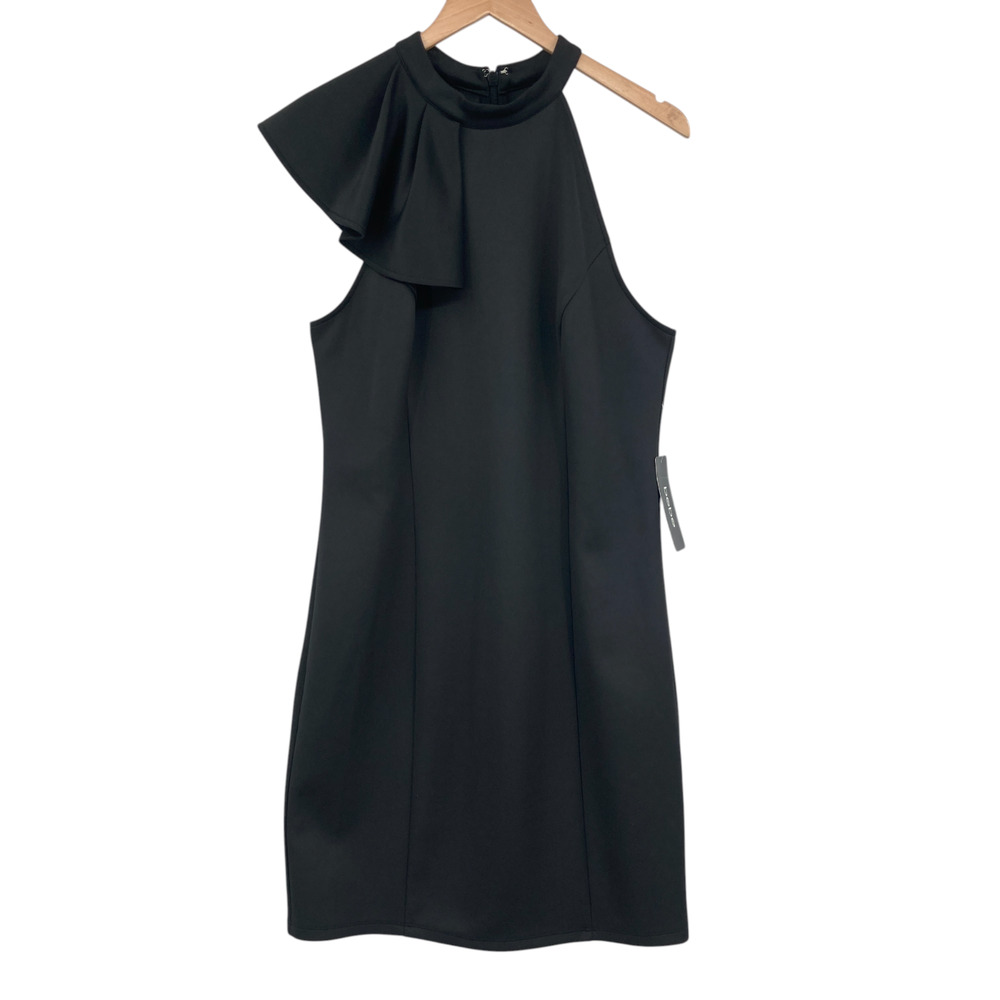 Bebe Halter Dress Womens XL Black Stretch Sleeveless Ruffle Mock Neck Back Zip
